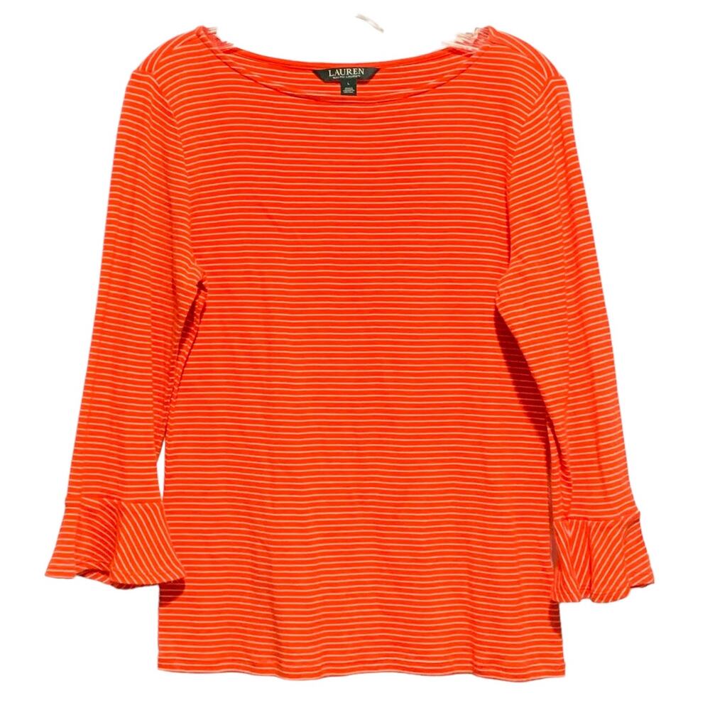 Lauren Ralph Lauren Top Cotton Bell Sleeve Red-Orange White Stripe Beachy L